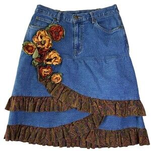 JM Collection Short Denim Skirt, Sz 6S, Flowers Roses Appliqued, Paisley Ruffles